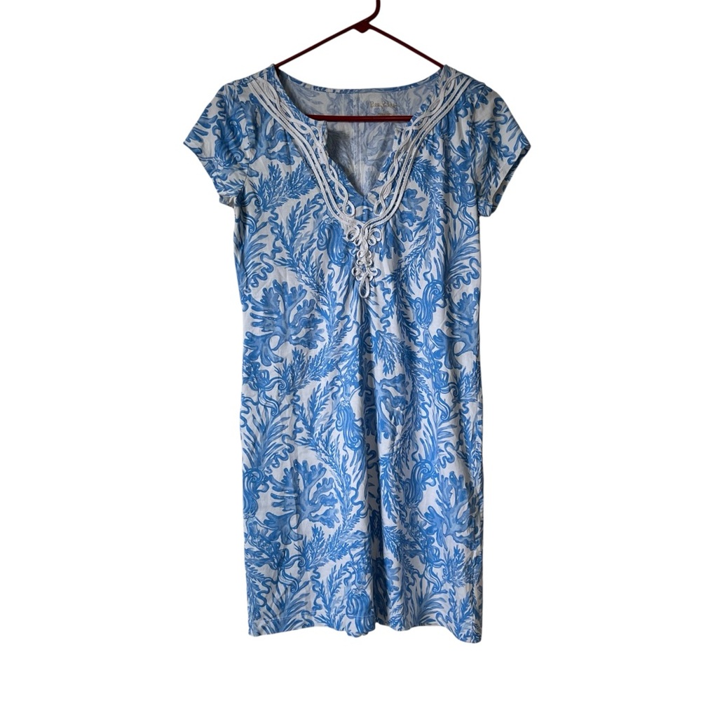 Lilly Pulitzer Blue Coral Print Soutache V Neck Tunic Shift Dress Size Small